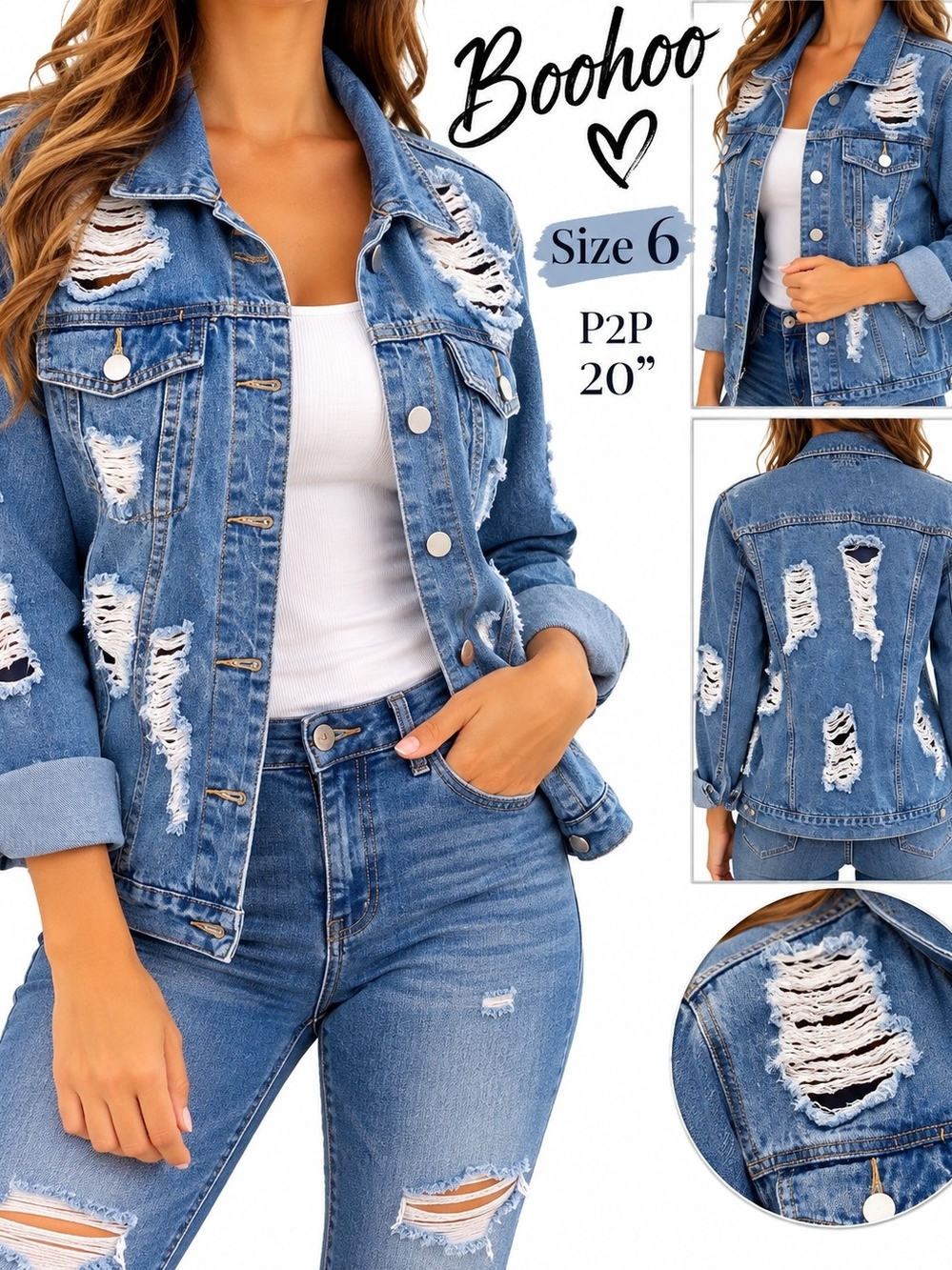 Boohoo Light Blue Distressed Denim Jacket for Women